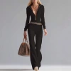 European and American women's clothing Amazon 25 Autumn/winter color-blocking and striped knitted long-sleeved hooded jumpsuit Specification image